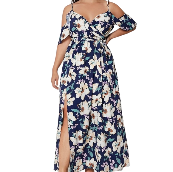 Shein Dresses & Skirts - Navy Blue Floral Print Cold Shoulder Dress